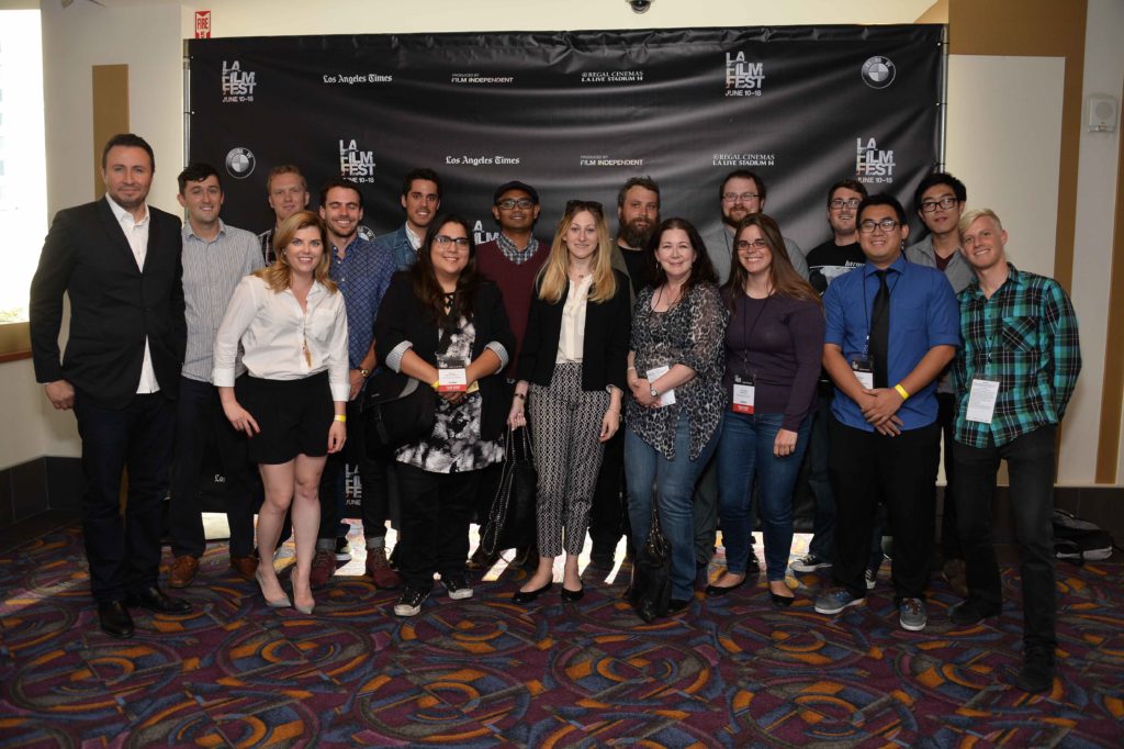 LOS ANGELES, CA - JUNE 17: Director Mathew Cullen (L) poses with members of Loyola Marymount University's Incubator Lab at Master Class: Boundless Visual Storytelling with Matthew Cullen during the 2015 Los Angeles Film Festival at Regal Cinemas L.A. Live on June 17, 2015 in Los Angeles, California. (Photo by Amanda Edwards/WireImage)